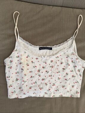 Brandy Melville Cream Ribbed Cropped Cami with Pink Floral Print